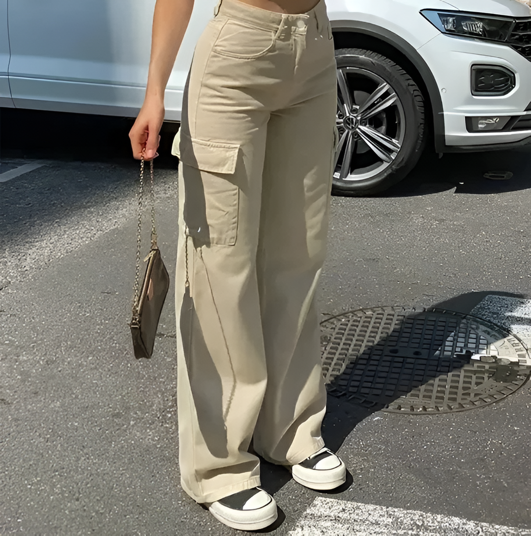 Women's Cotton Blend Cargo Pants with Adjustable Waist and Pockets Khaki