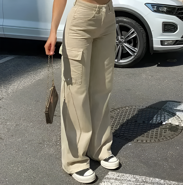 Women's Cotton Blend Cargo Pants with Adjustable Waist and Pockets Khaki