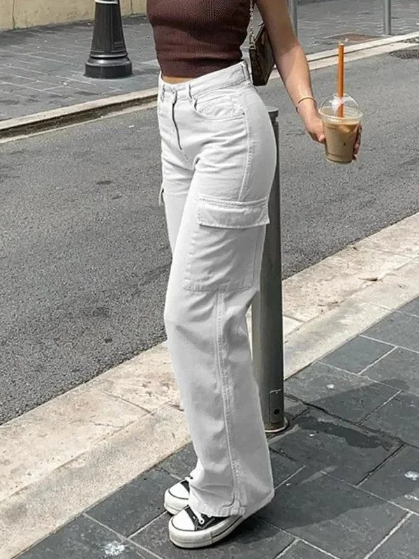 Women's Cotton Blend Cargo Pants with Adjustable Waist and Pockets White