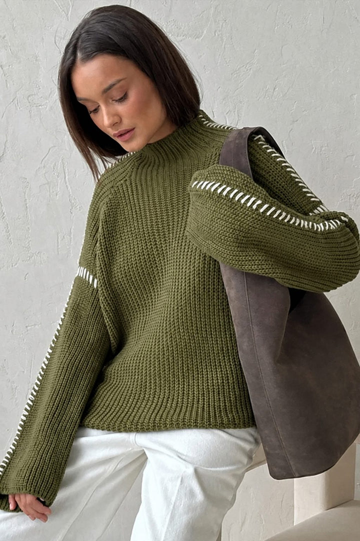Women's Chunky Knit Oversized Sweater with Mock Neck Army Green