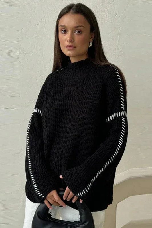 Women's Chunky Knit Oversized Sweater with Mock Neck Black
