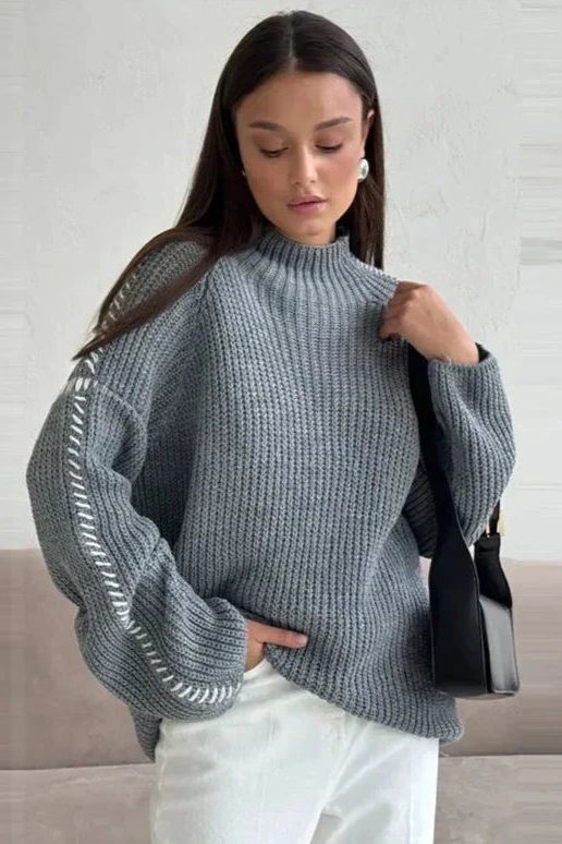 Women's Chunky Knit Oversized Sweater with Mock Neck Grey