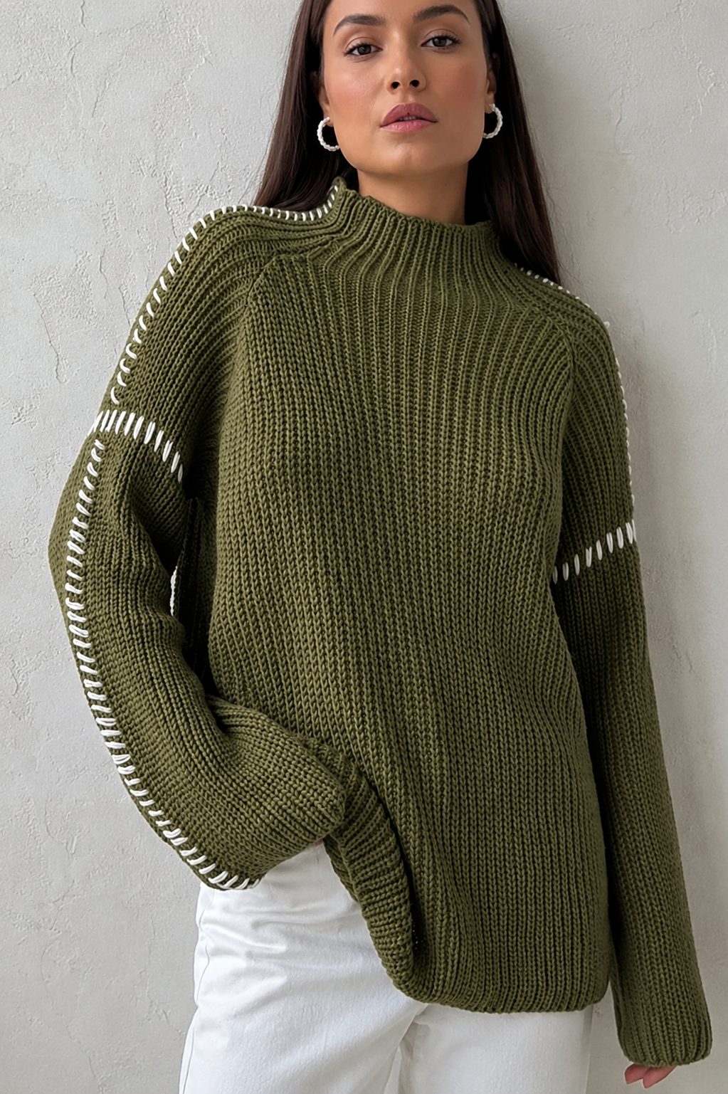 Women's Chunky Knit Oversized Sweater with Mock Neck