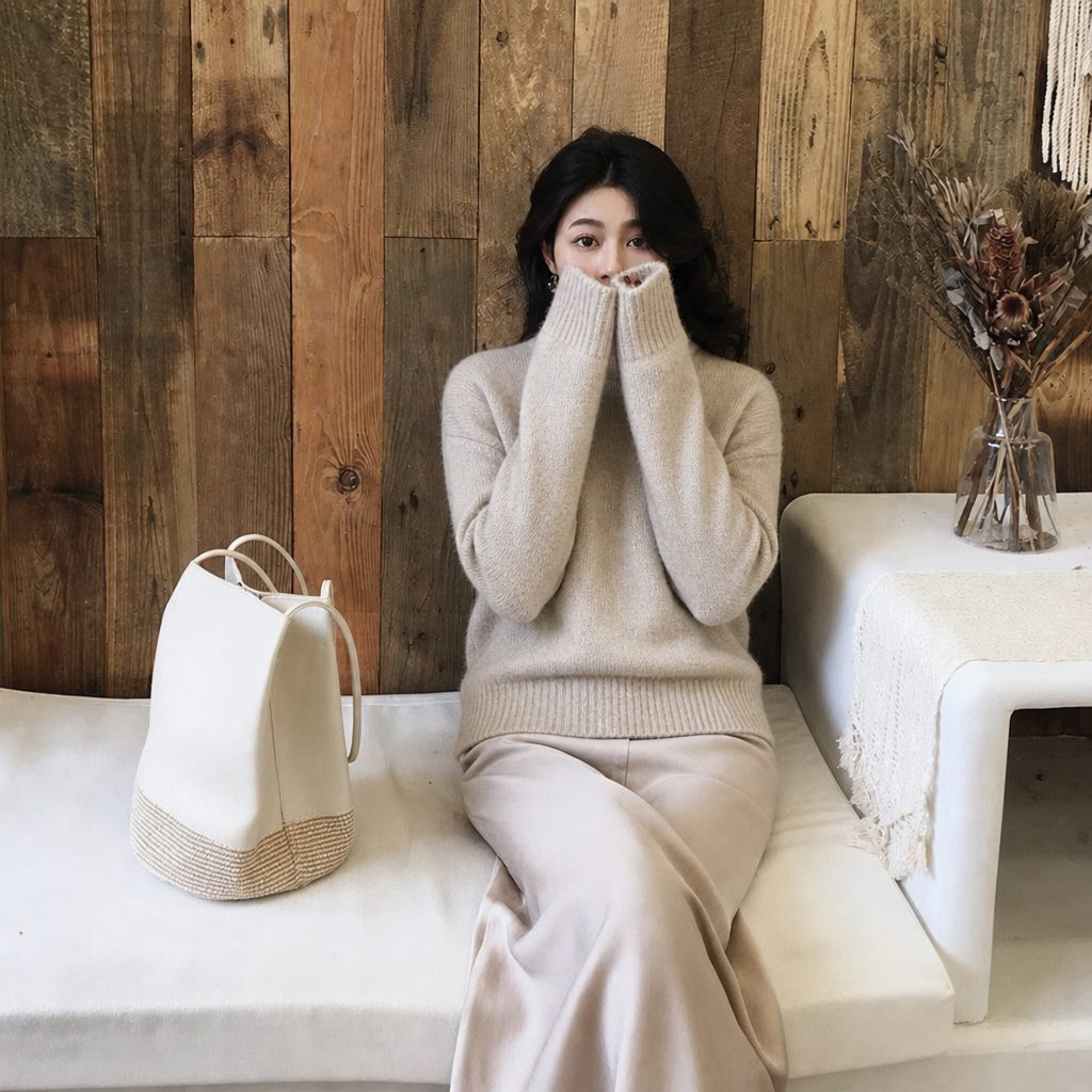 Women's Oversized Sweater with Crew Neck and Balloon Sleeves Khaki One Size