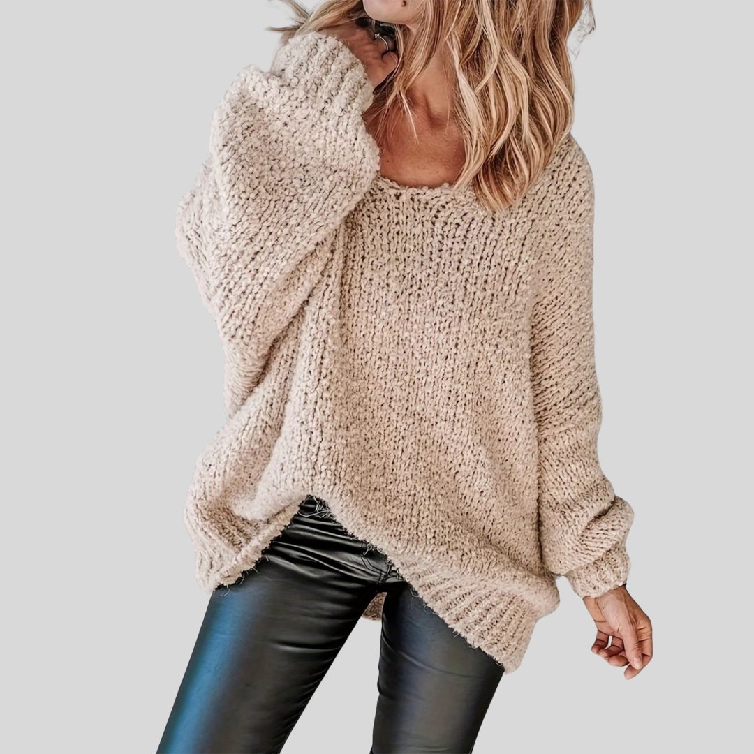Women's Oversized Crew Neck Sweater with Long Sleeves Apricot