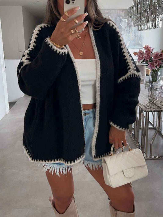 Women's Black Oversized Open Front Long Knit Layering Cardigan Black