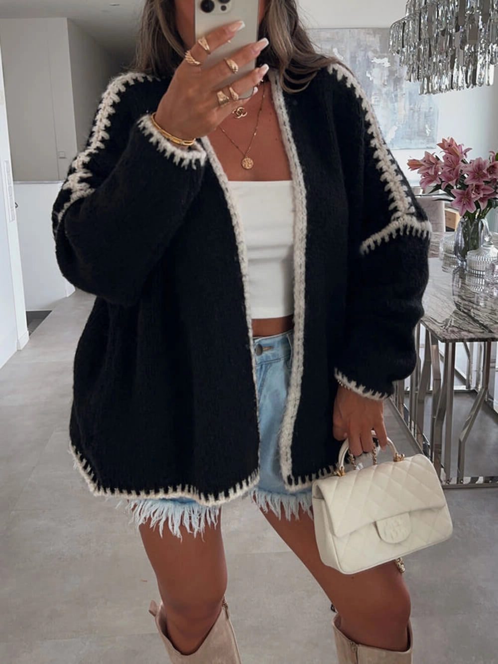 Women's Knit Oversized Open Front Long Cardigan Black