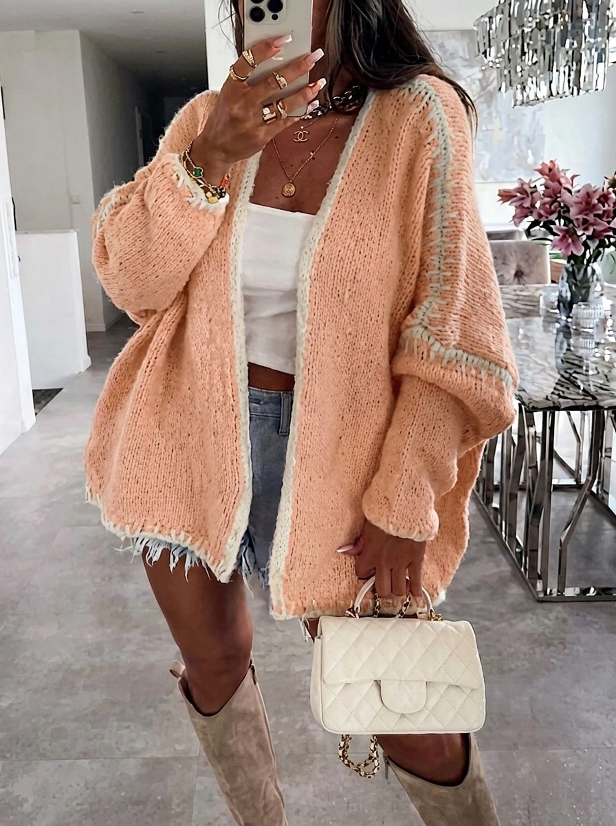 Women's Knit Oversized Open Front Long Cardigan Peach