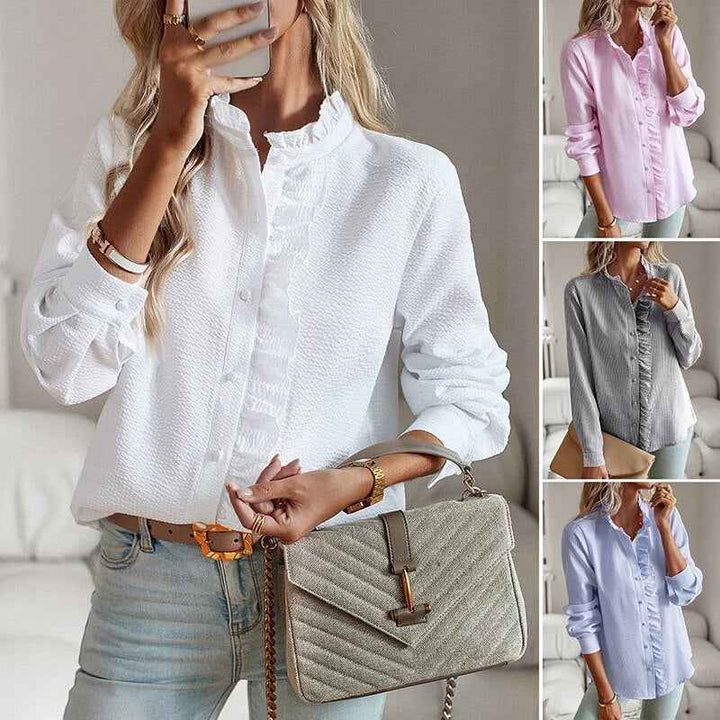 Women's Lightweight Ruffle Blouse - Long Sleeve with Classic Button Closure
