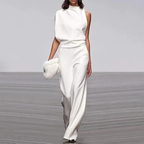 Women's Elegant One-Shoulder Fitted Jumpsuit with Wide Legs White