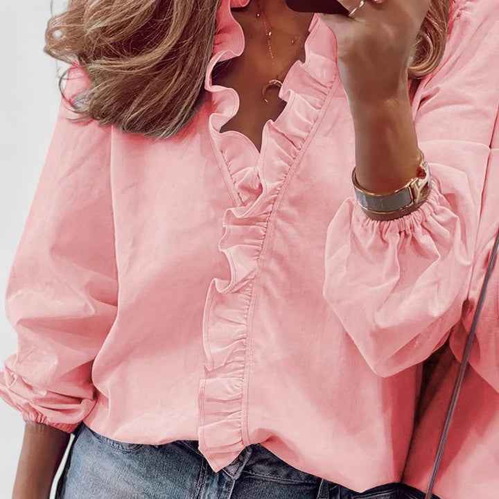 Women's Ruffled Volume-Sleeve Pearl Blouse Pink