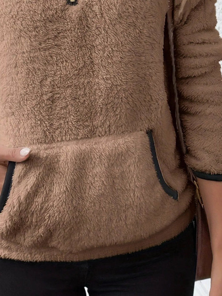 Women's Fuzzy Half-Zip Sweater with Kangaroo Pocket
