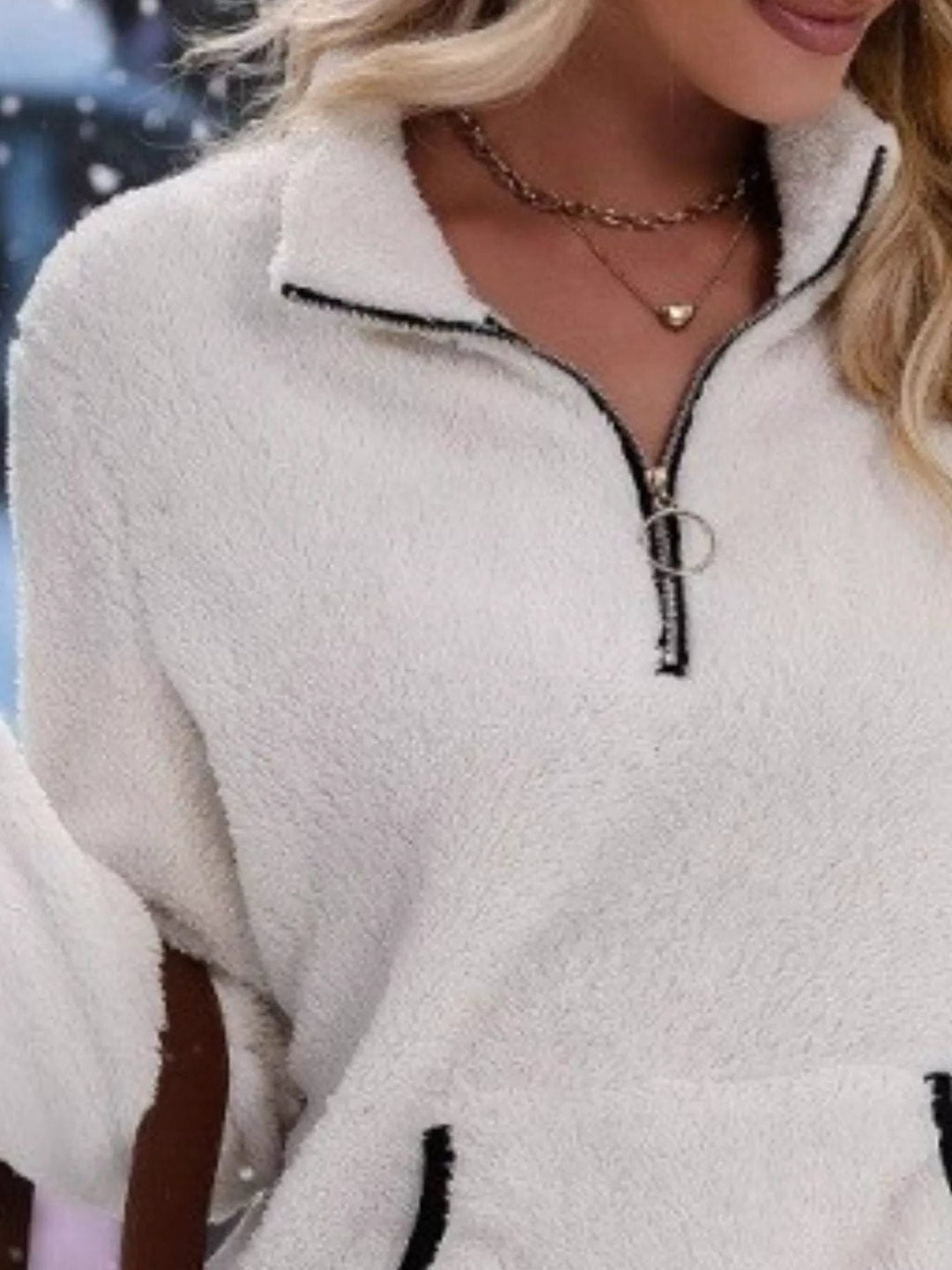 Women's Fuzzy Half-Zip Sweater with Kangaroo Pocket