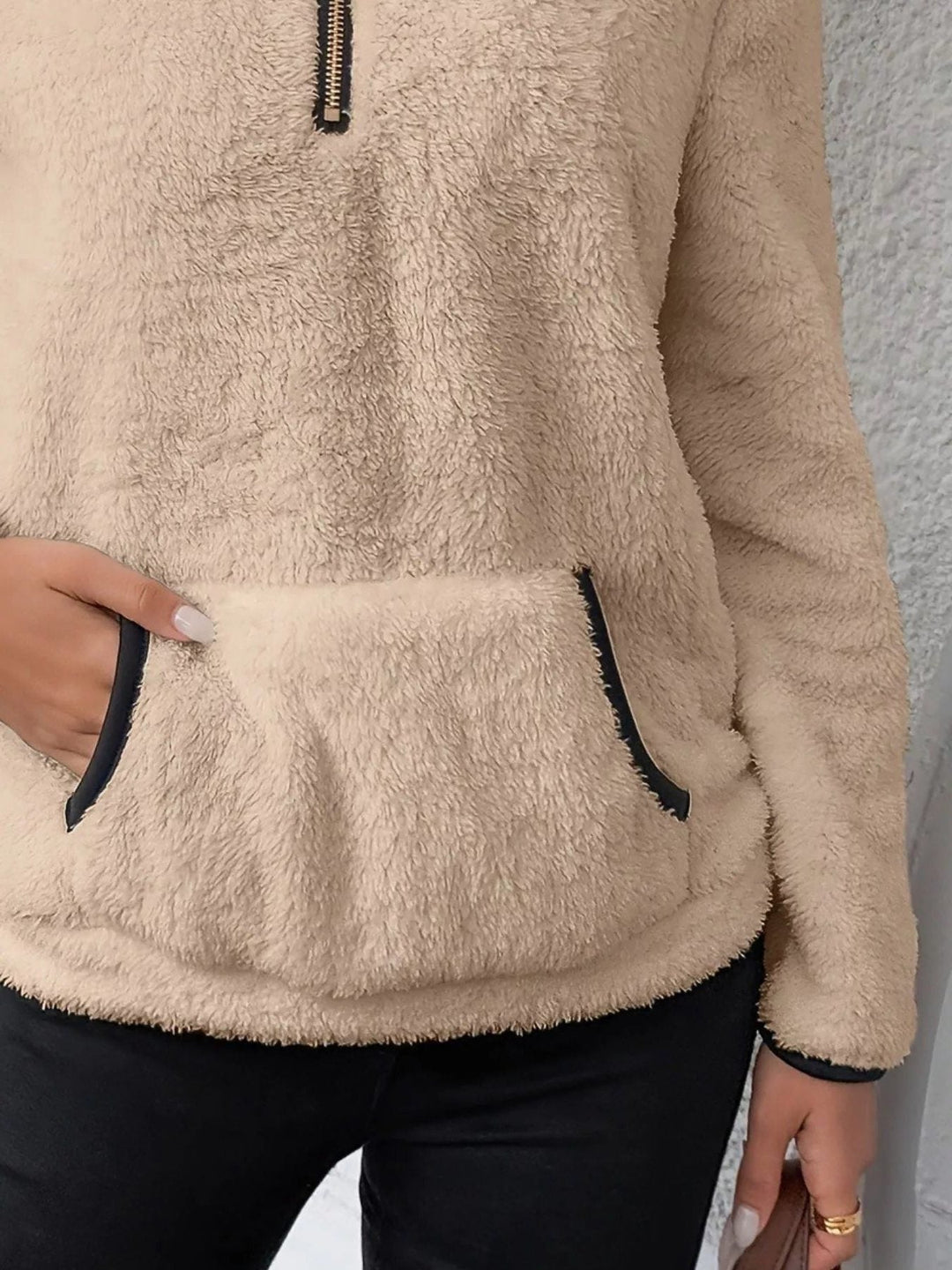 Women's Fuzzy Half-Zip Sweater with Kangaroo Pocket