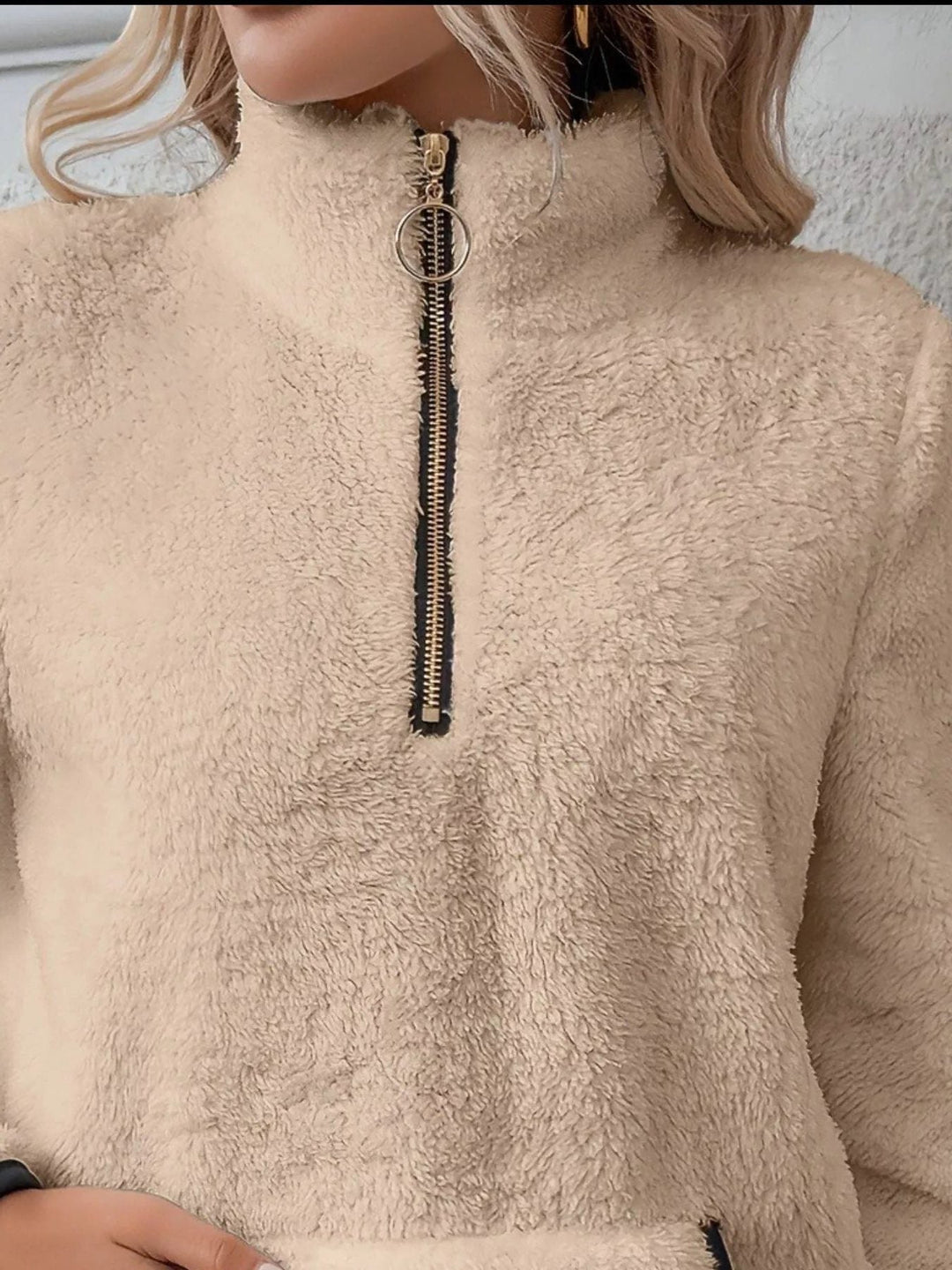 Women's Fuzzy Half-Zip Sweater with Kangaroo Pocket