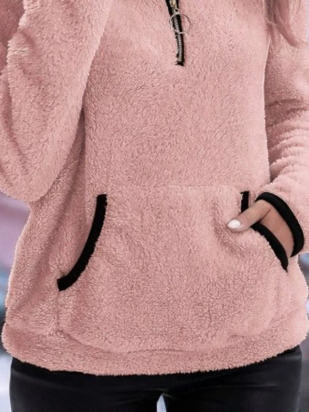 Women's Fuzzy Half-Zip Sweater with Kangaroo Pocket