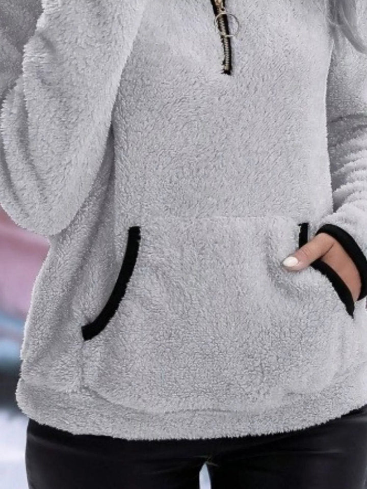 Women's Fuzzy Half-Zip Sweater with Kangaroo Pocket
