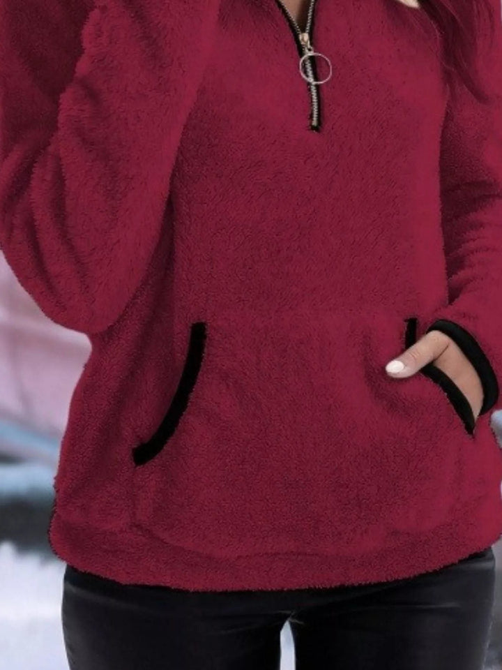 Women's Fuzzy Half-Zip Sweater with Kangaroo Pocket