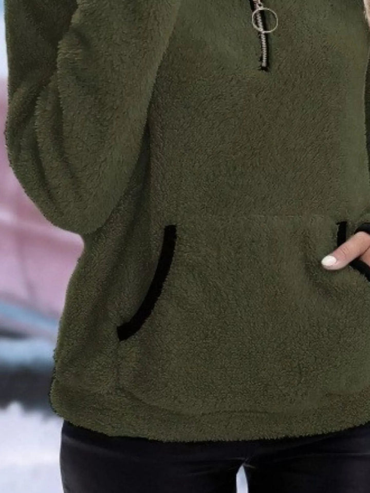 Women's Fuzzy Half-Zip Sweater with Kangaroo Pocket