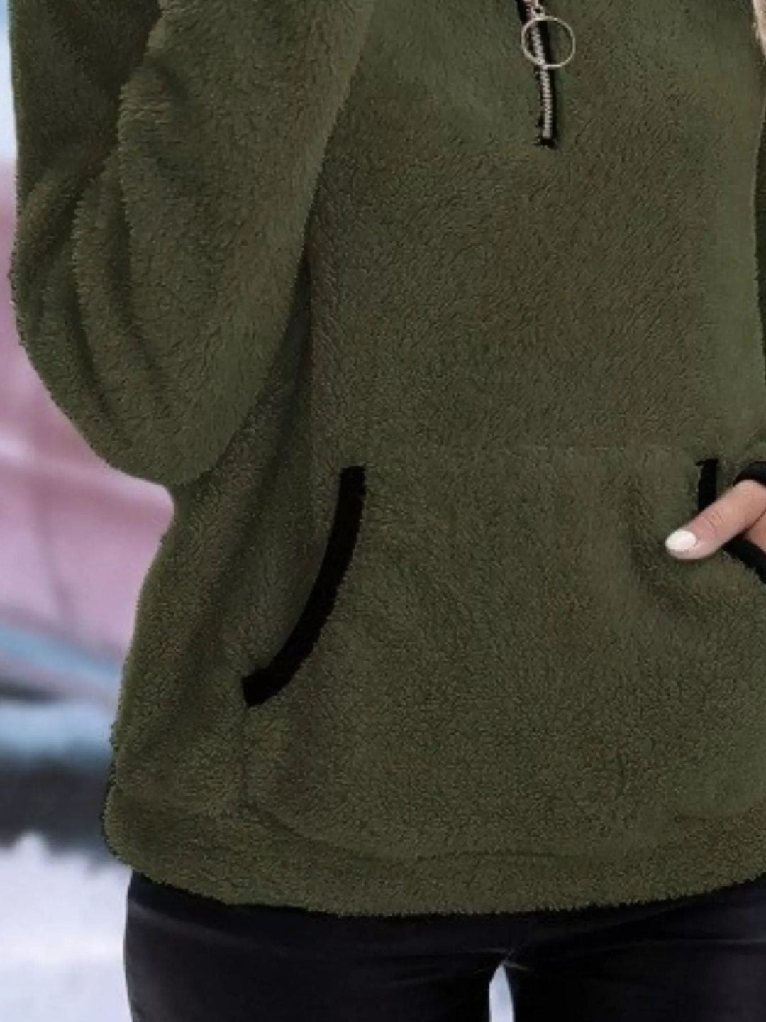 Women's Fuzzy Half-Zip Sweater with Kangaroo Pocket