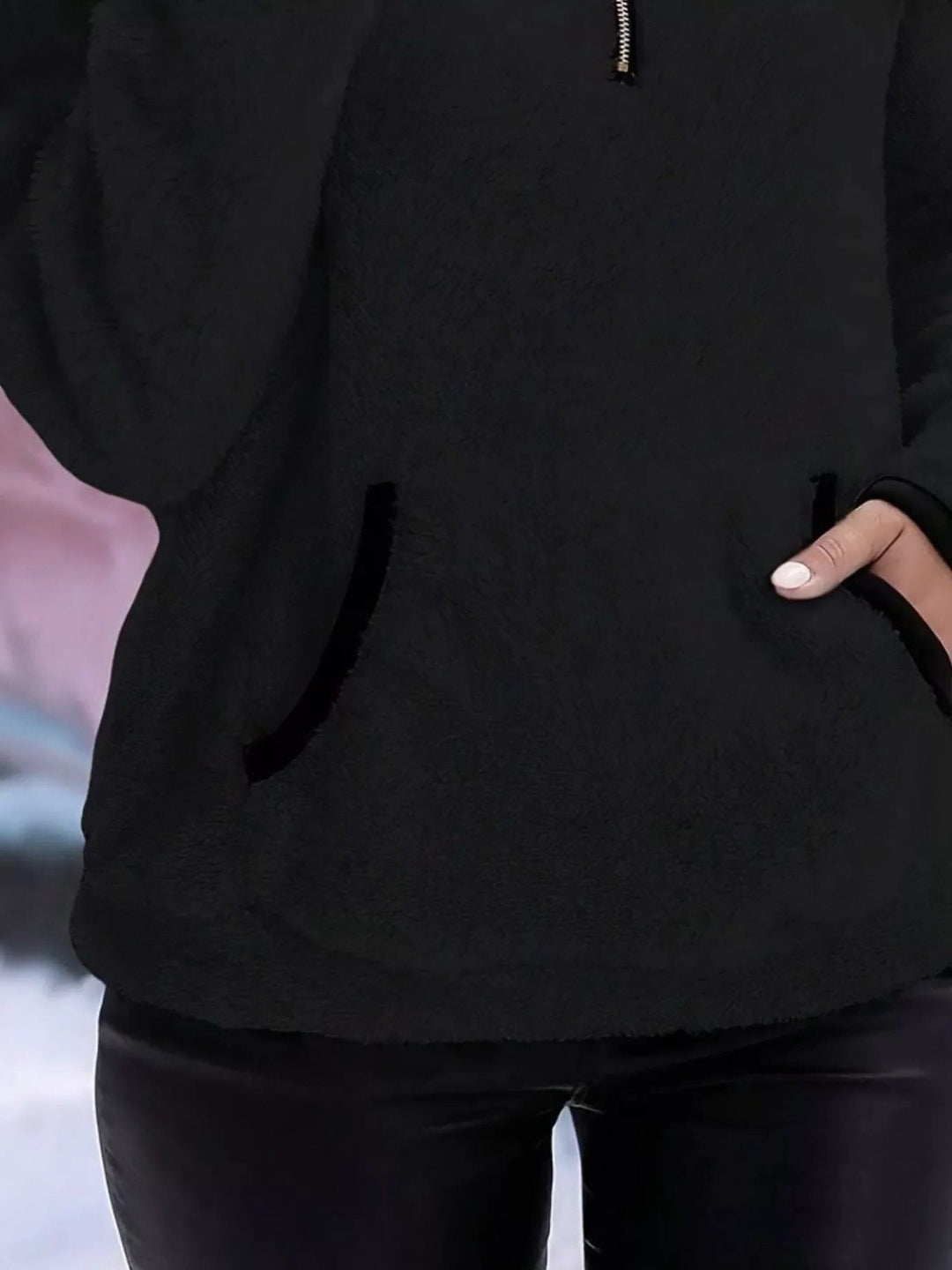 Women's Fuzzy Half-Zip Sweater with Kangaroo Pocket