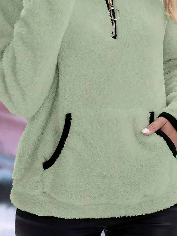 Women's Fuzzy Half-Zip Sweater with Kangaroo Pocket