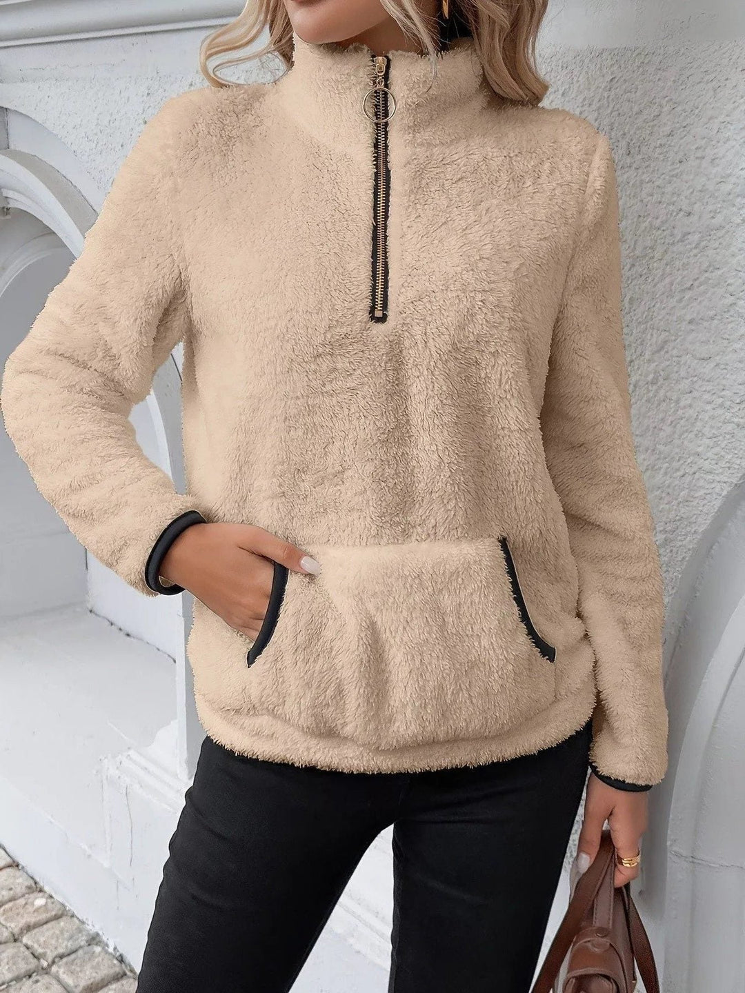 Women's Fuzzy Half-Zip Sweater with Kangaroo Pocket Khaki