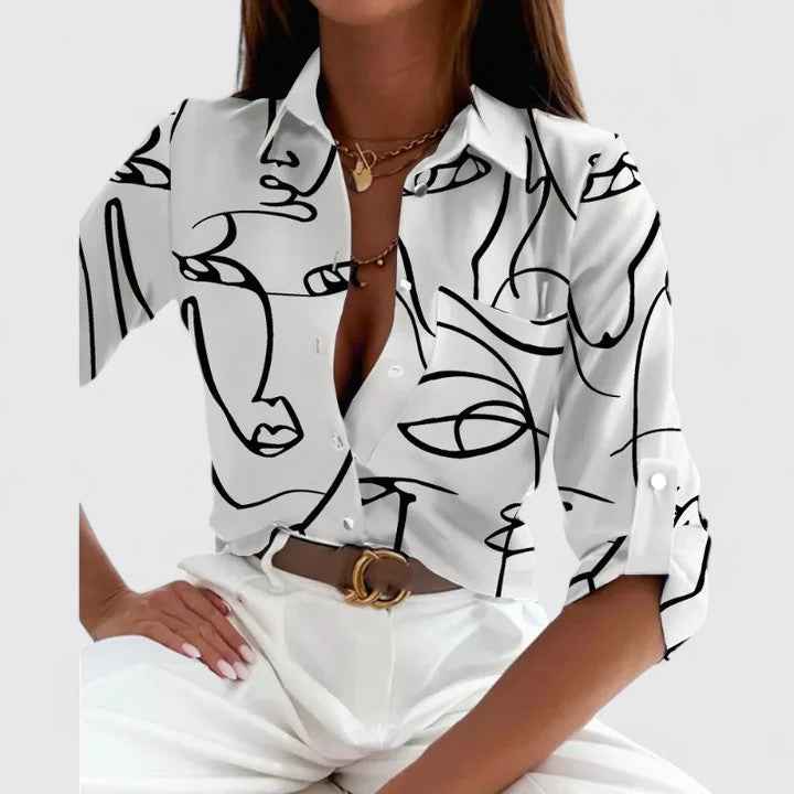 Women's Printed Long-Sleeve Blouse White