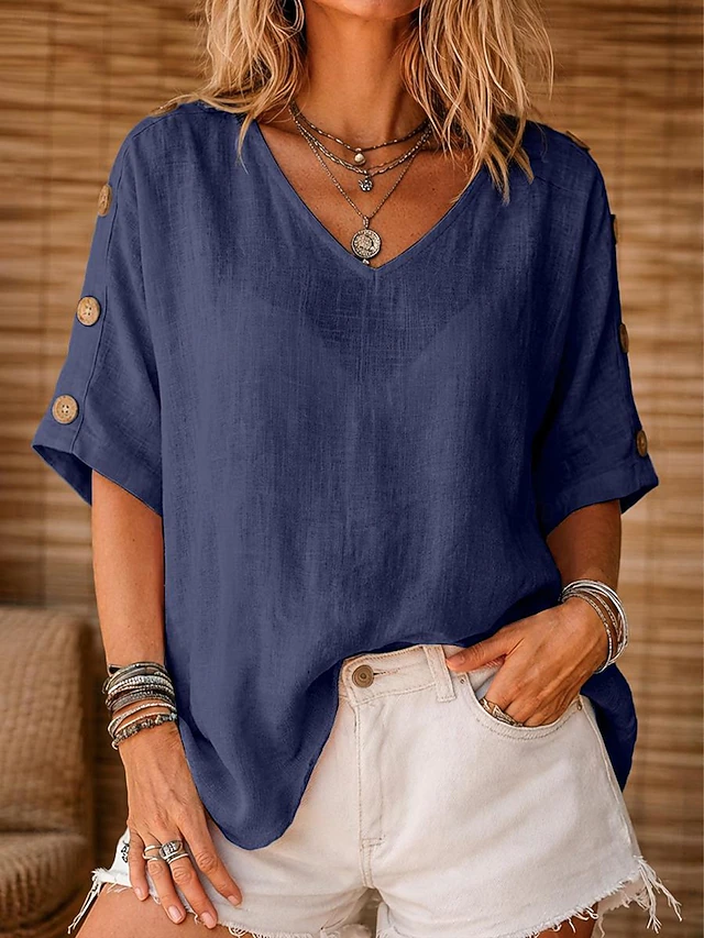 Women's Relaxed Button-Sleeve Blouse Navy blue