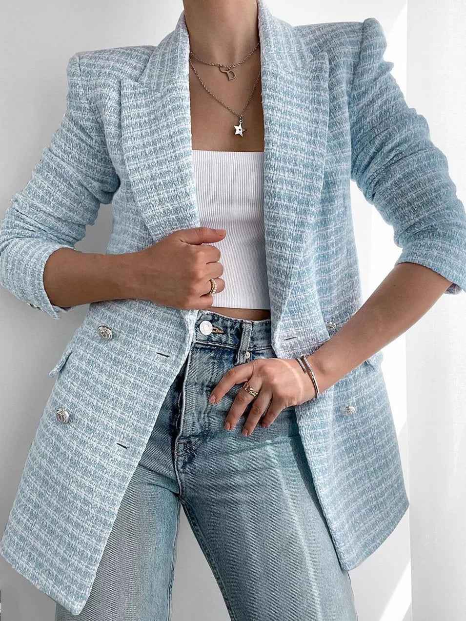Women's Chic Tweed Blazer Light Blue