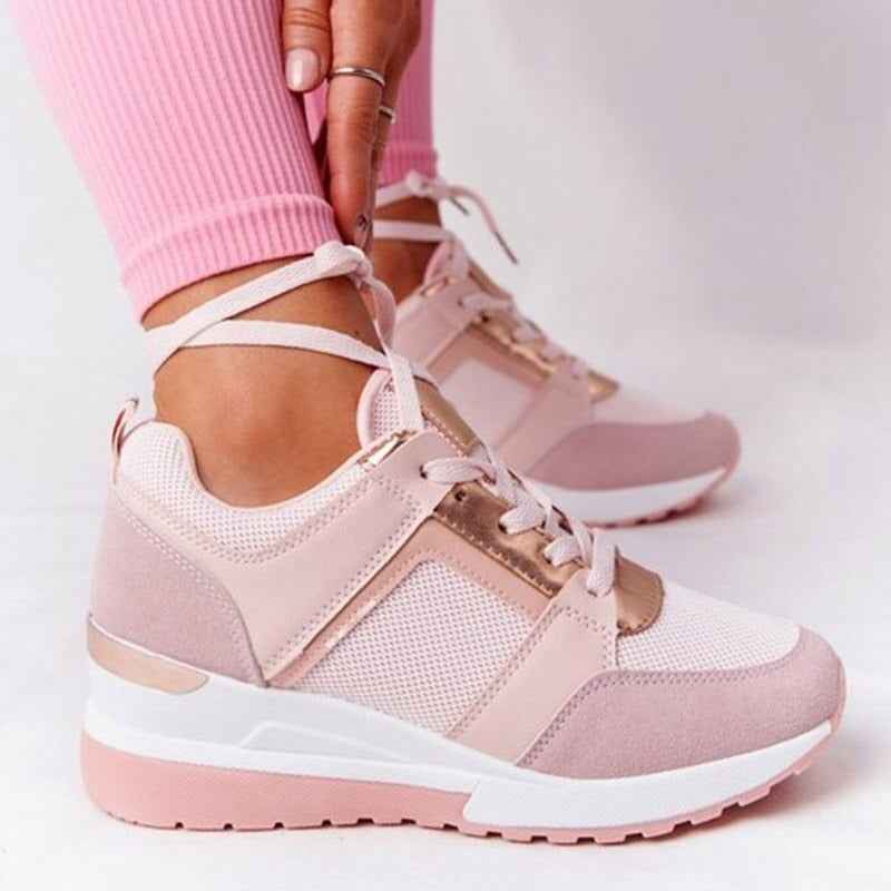 Women's Casual Lace-Up Wedge Sneakers with Shiny Details | Stylish Footwear Rosy Pink