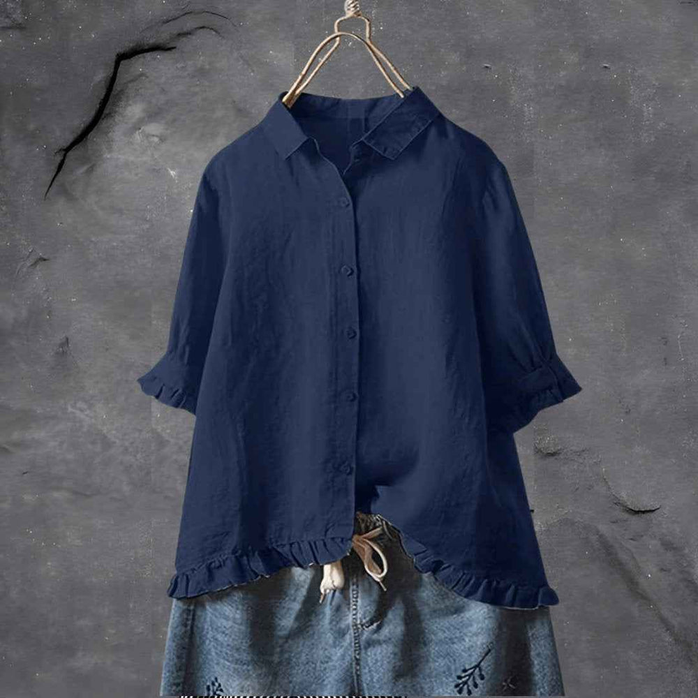 Women's Ruffle-Hem Collared Blouse Dark Blue