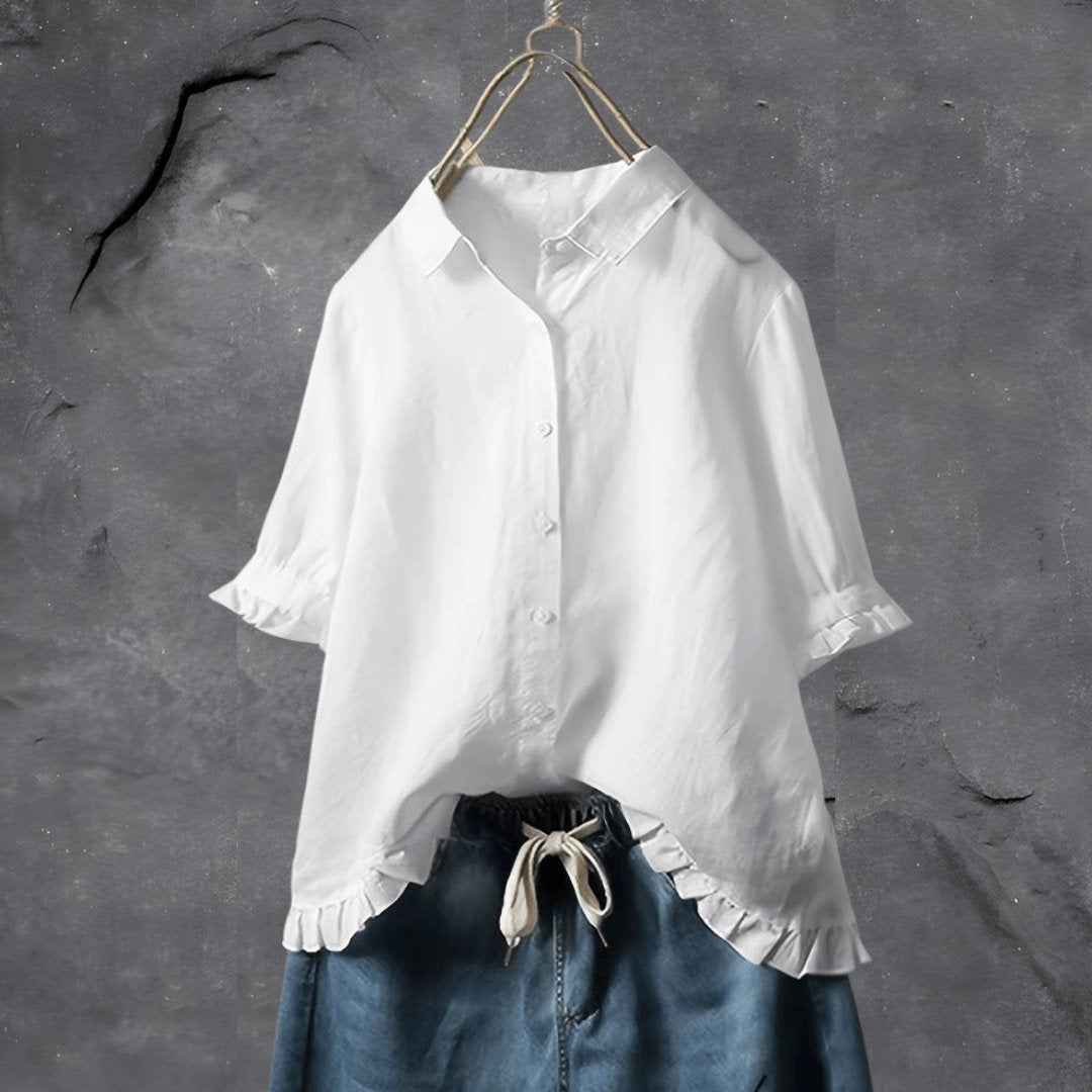 Women's Ruffle-Hem Collared Blouse White