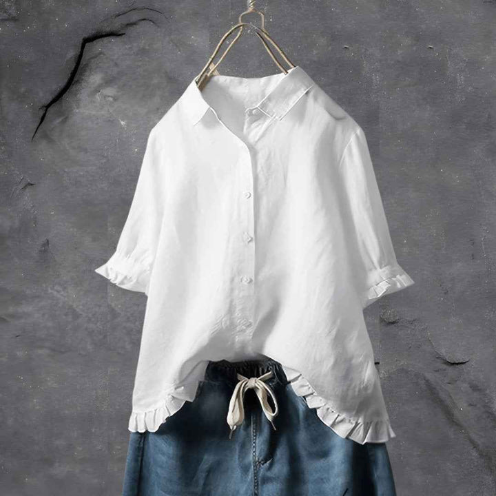 Women's Ruffle-Hem Collared Blouse White