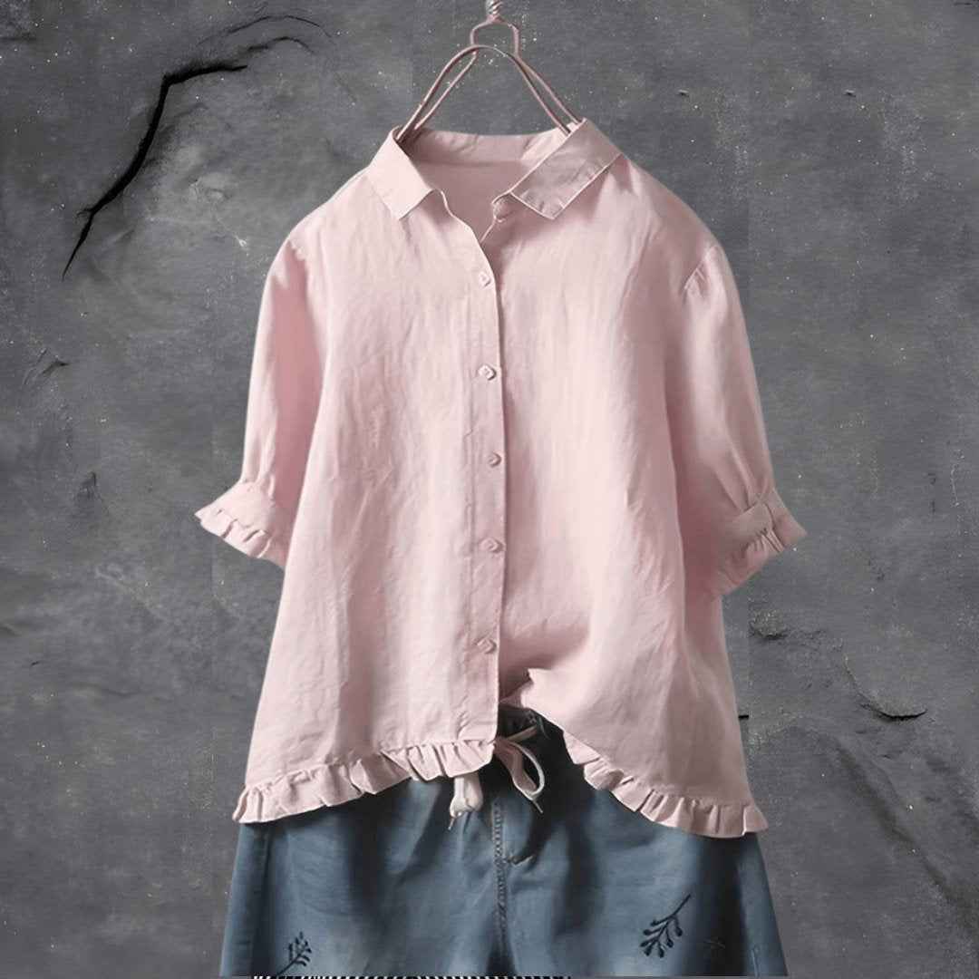 Women's Ruffle-Hem Collared Blouse Pink