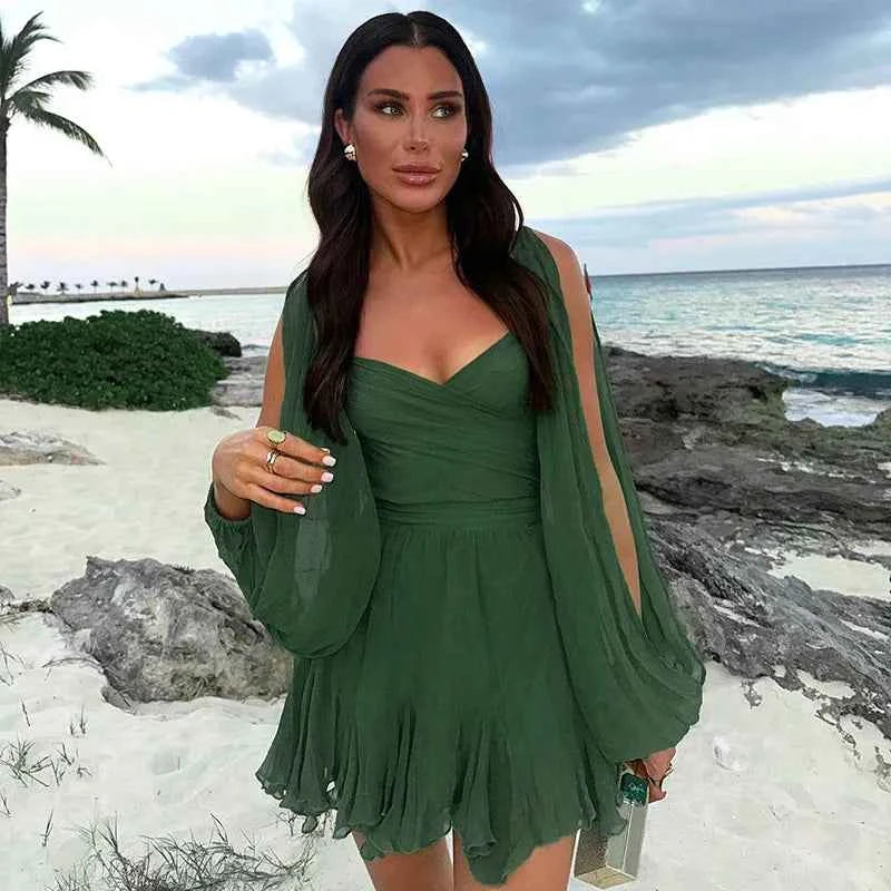 Women's A-Line Dress - Deep V-Neck, Long Sleeves, Ruffled Hem, Elastic Waist Green