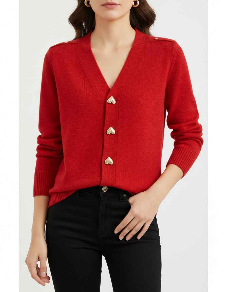 Women's Button-Front V-Neck Cardigan Red One Size