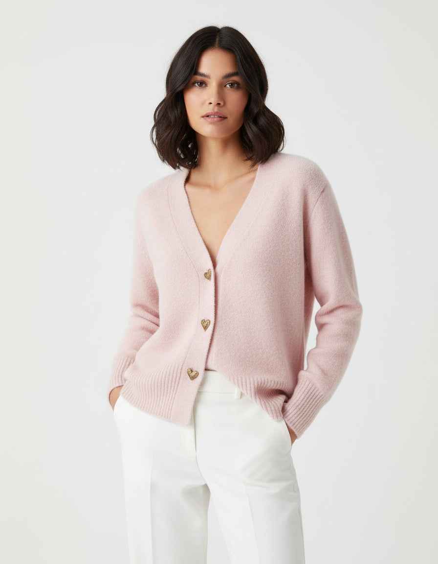 Women's Button-Front V-Neck Cardigan Pink One Size