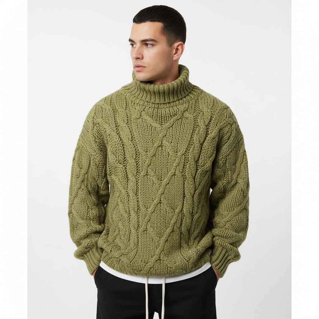 Men's Turtleneck Cable Knit Sweater Green
