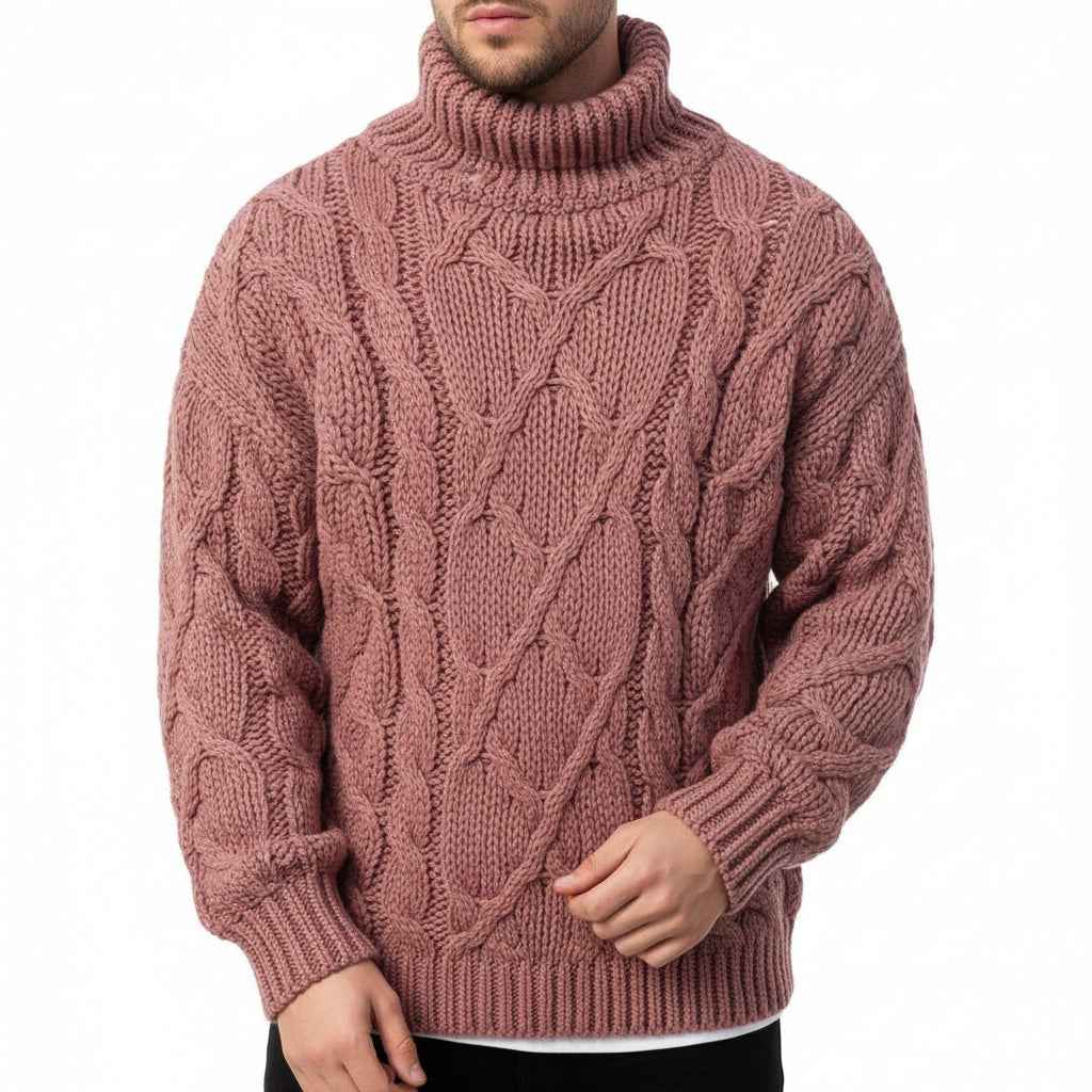 Men's Turtleneck Cable Knit Sweater Pink