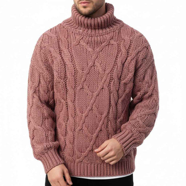 Men's Turtleneck Cable Knit Sweater Pink