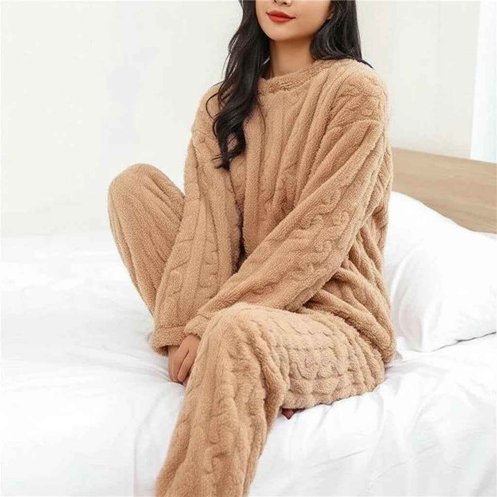 Women's Long-Sleeve Relaxed Fit Pajama Set Brown One Size