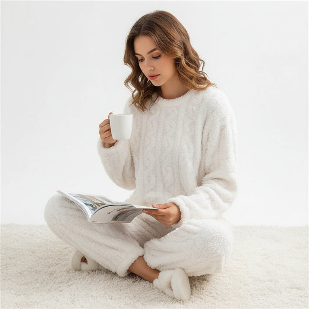 Women's Long-Sleeve Relaxed Fit Pajama Set White One Size