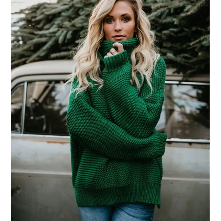 Women's Ribbed Knit Oversized Sweater with Roll Neck Green