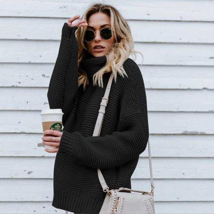 Women's Ribbed Knit Oversized Sweater with Roll Neck Black