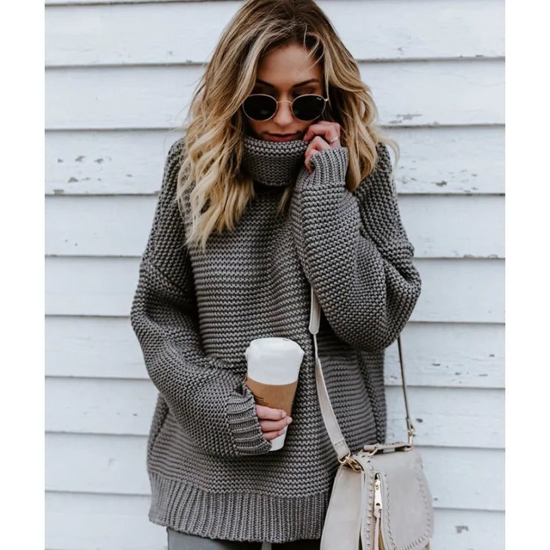 Women's Ribbed Knit Oversized Sweater with Roll Neck Grey