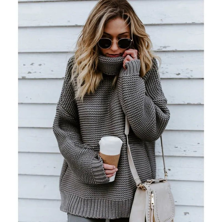 Women's Ribbed Knit Oversized Sweater with Roll Neck Grey