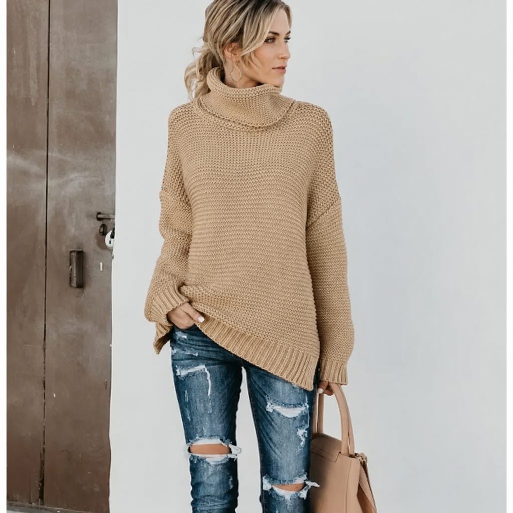 Women's Ribbed Knit Oversized Sweater with Roll Neck Khaki