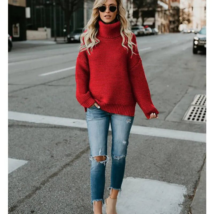 Women's Ribbed Knit Oversized Sweater with Roll Neck Red