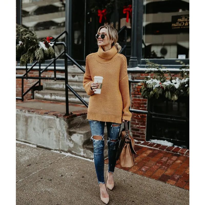 Women's Ribbed Knit Oversized Sweater with Roll Neck Orange